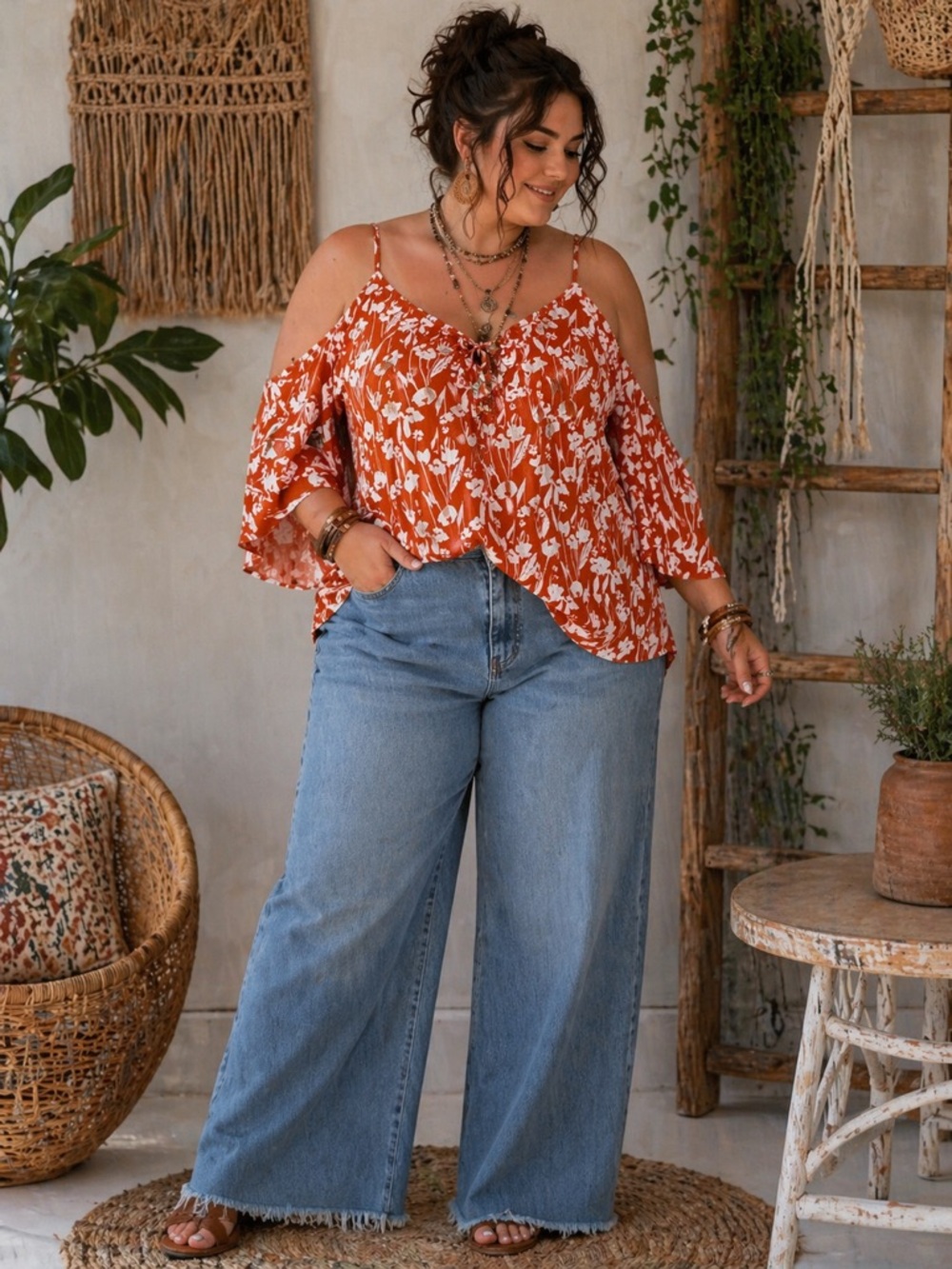 Boho festival resort Rust Floral Cold-Shoulder Blouse wide sleeves plus size